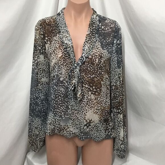 Animal Print Sheer Tie Neck Blouse (B15) - Picture 1 of 8